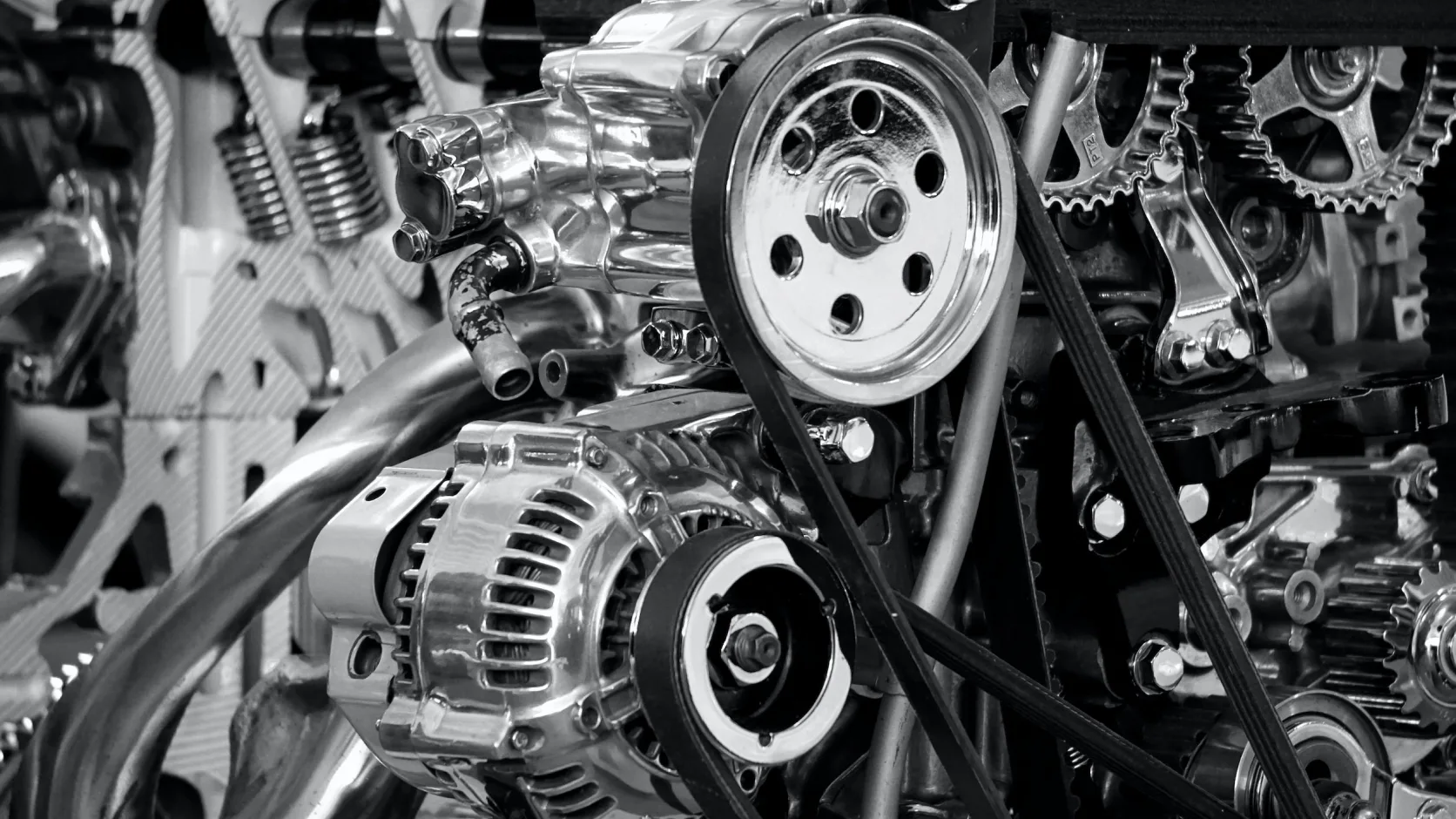 Close-up of a complex car engine